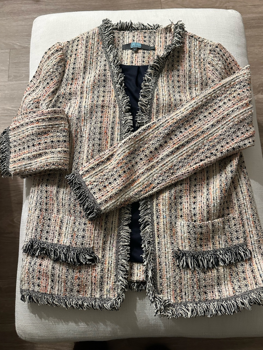 Eva Franco Cream Multicolor Fringe Tweed Blazer